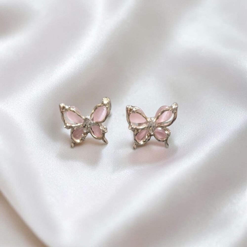 Pink Butterfly Stud Earrings, Silver Tone Rhinestone Y2K Inspired Fairy Jewelry